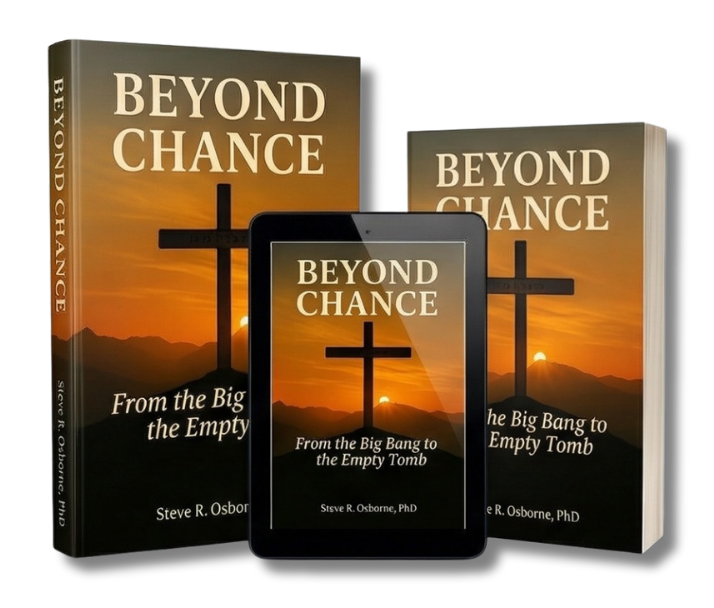 Image of a book titled 'Beyond Chance' by Steve R. Osborne, PhD, showing the book cover on a tablet screen, with a sunset background featuring a cross and mountains.