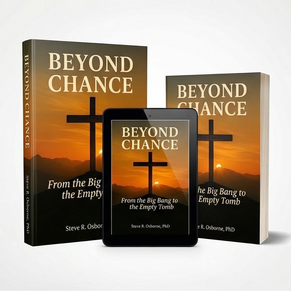 Three copies of a book titled 'BEYOND CHANCE' by Steve R. Osborne, PhD, with a sunset background featuring a cross and mountains; one is a hardcover, one is a paperback, and one is an e-book displayed on a tablet.