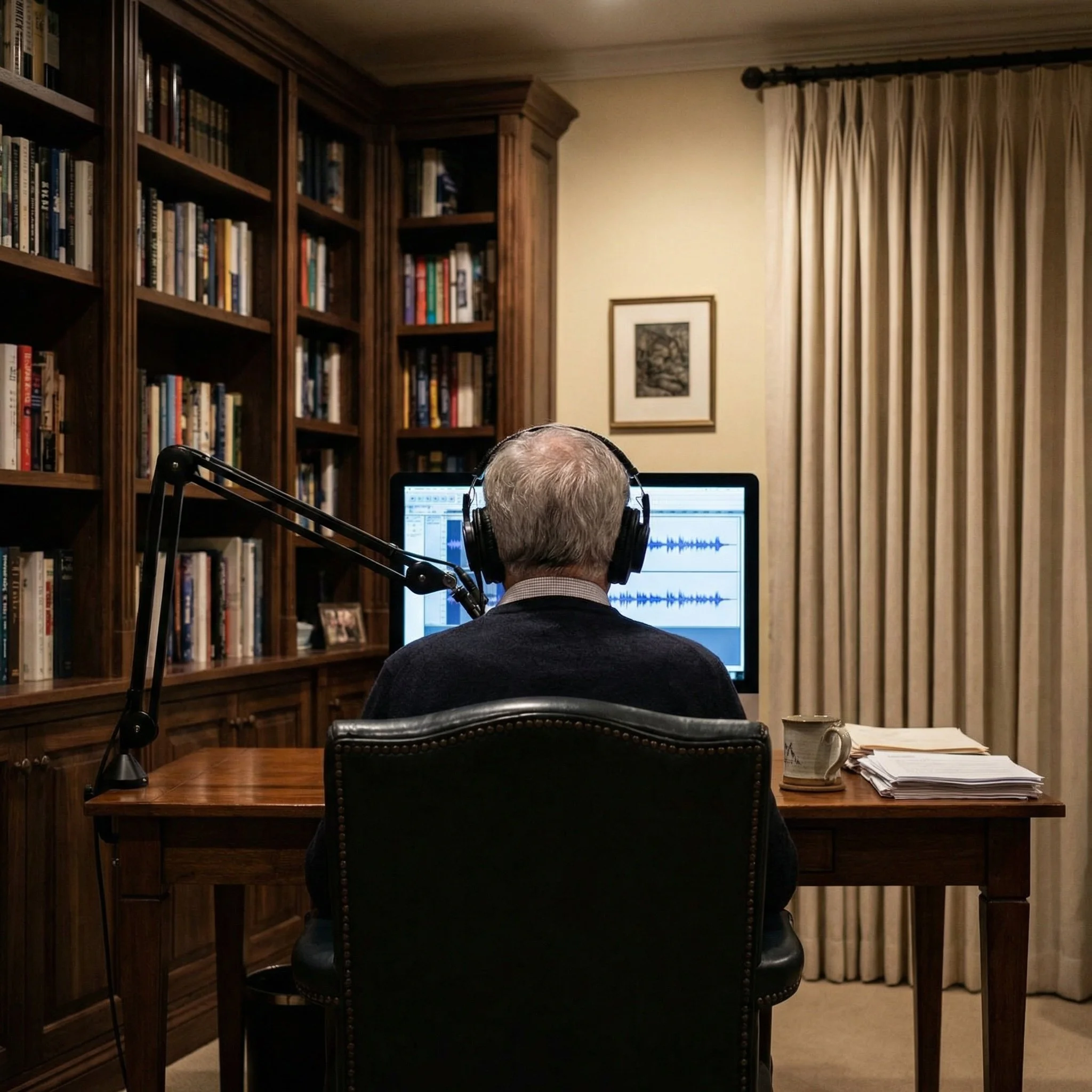 An elderly man with gray hair wearing headphones working on a sound editing software on a computer, seated at a wooden desk in a home office surrounded by bookshelves and beige curtains.