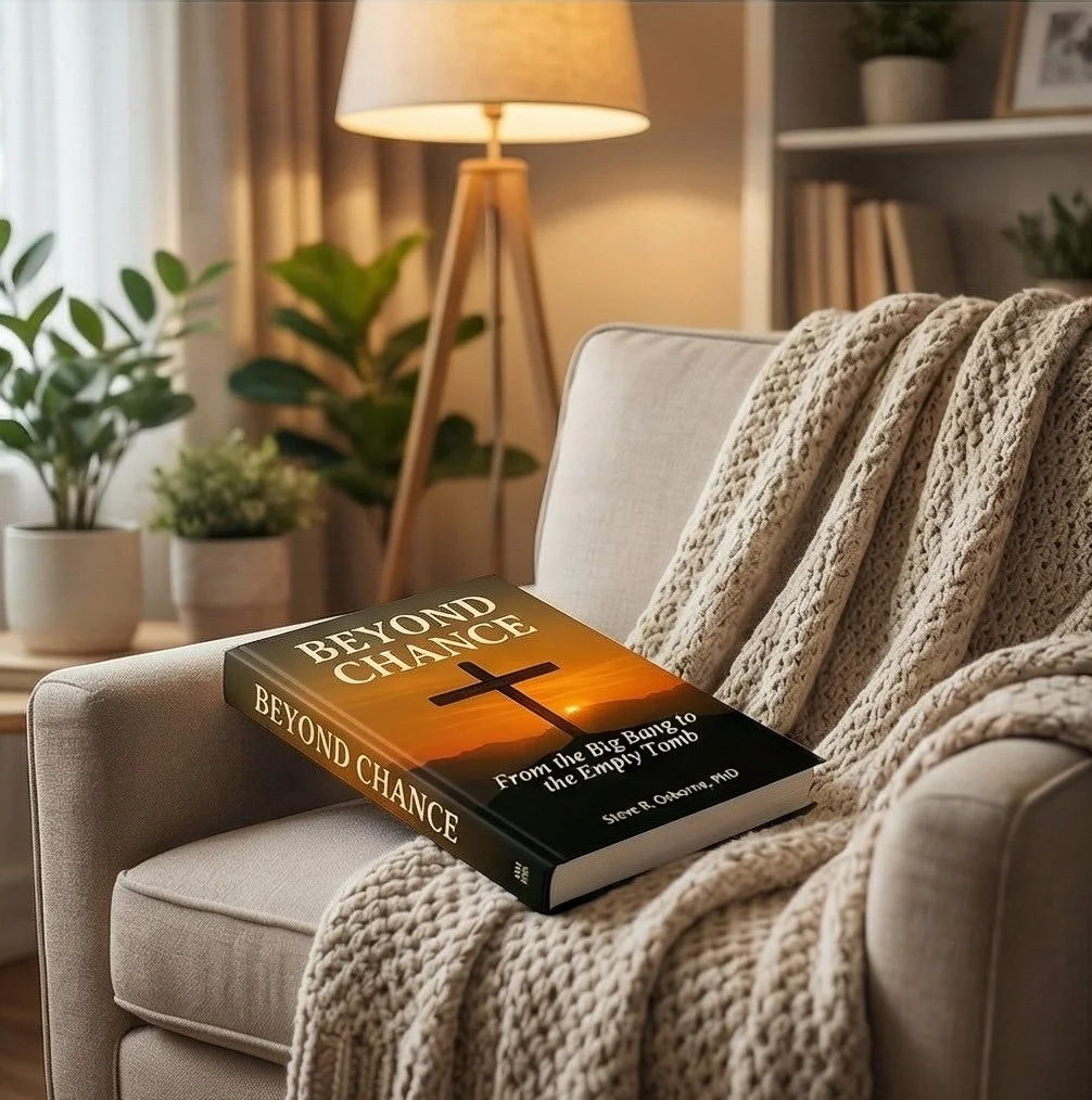 A book titled 'Beyond Chance' resting on a beige armchair with a knit throw blanket. The background includes a lit floor lamp, potted plants, and a bookshelf, creating a cozy living room setting. Steve Osborne, PhD, Beyond Chance