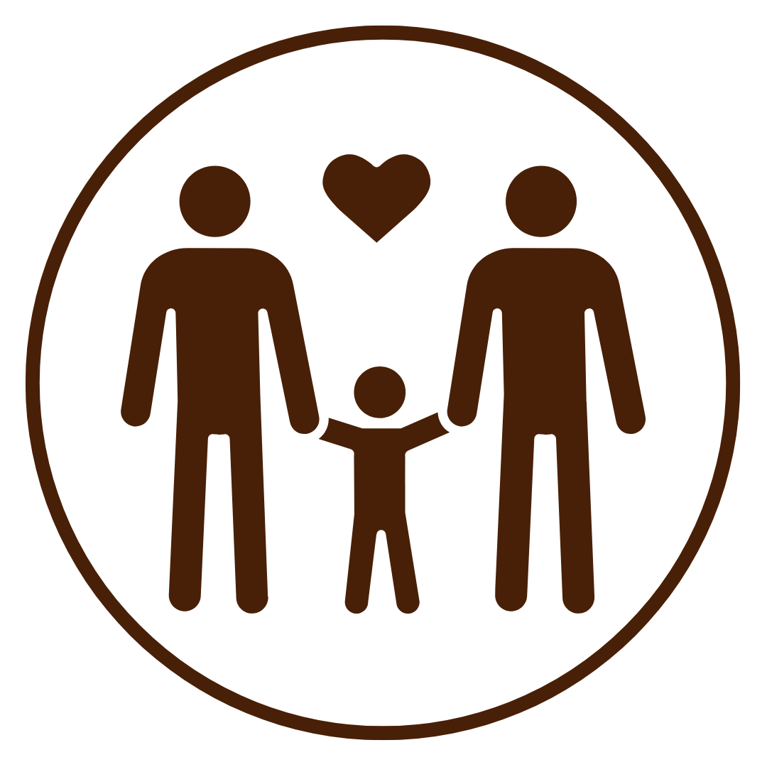 A brown icon of two adults holding hands with a child in between them, a heart above the child.