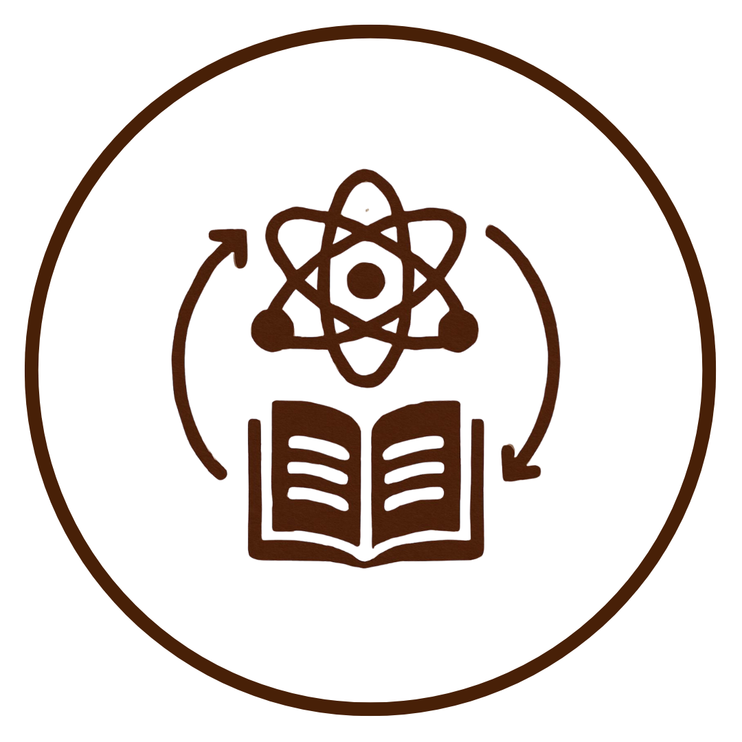 Icon of a book with an atom symbol above it, surrounded by circular arrows, inside a circle