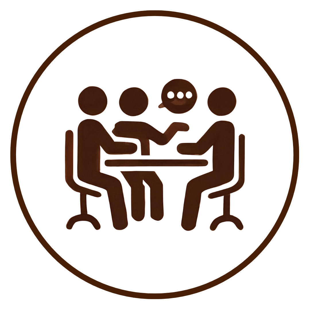 Three stylized figures having a conversation at a table, with one figure extending a hand towards another in a handshake, in a simple brown-tone icon.