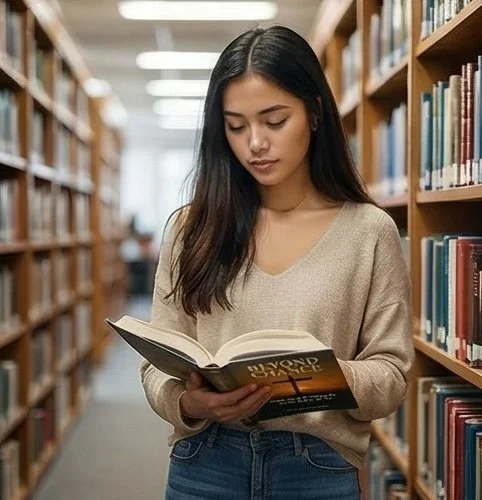 A young woman reading a book in a library with bookshelves on both sides.