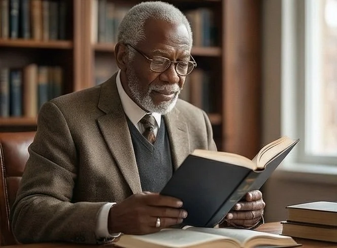 An elderly man with gray hair and glasses, sitting at a wooden desk in a library, reading a book peacefully.