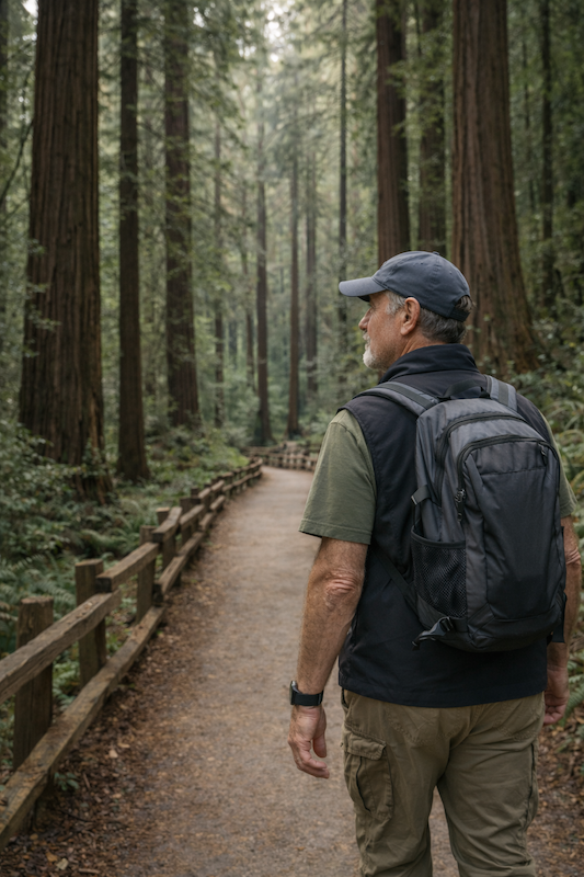 Steve Osborne, PhD, Beyond Chance, gray hair, wearing a baseball cap, green t-shirt, black vest, and khaki pants, carrying a black backpack, walking along a dirt trail through a forest of tall trees.
