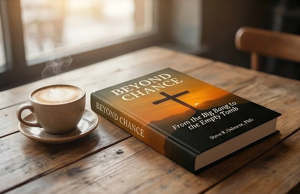 A breakfast scene with a cup of coffee on a saucer and a book titled "Beyond Chance" on a wooden table near a window.