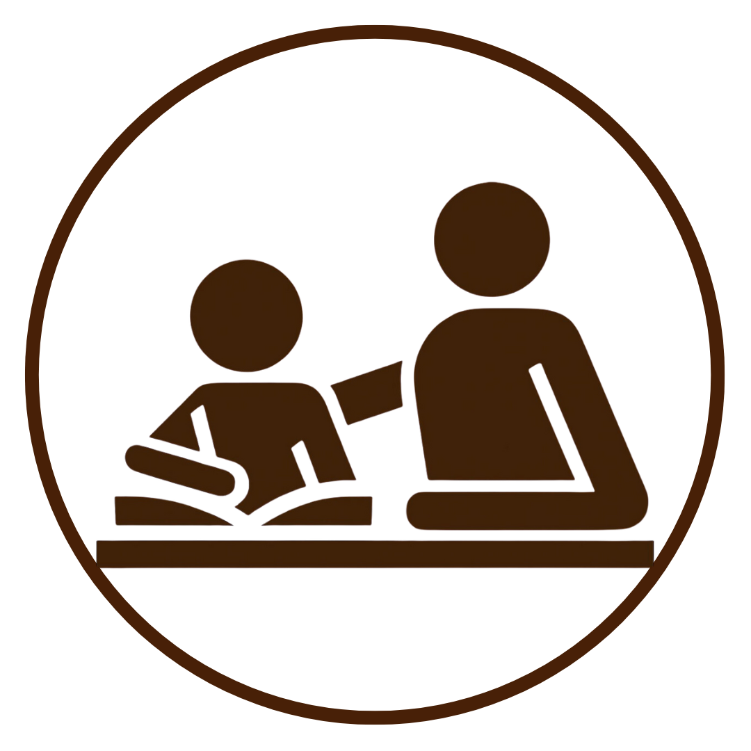 Silhouette of a person sitting at a desk with a child in front of them, engaging in a conversation or activity.