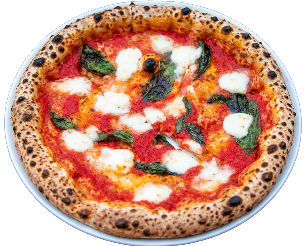 A Margherita pizza with a thin, leopard-spotted crust, topped with crushed tomato, fresh mozzarella, and basil leaves.