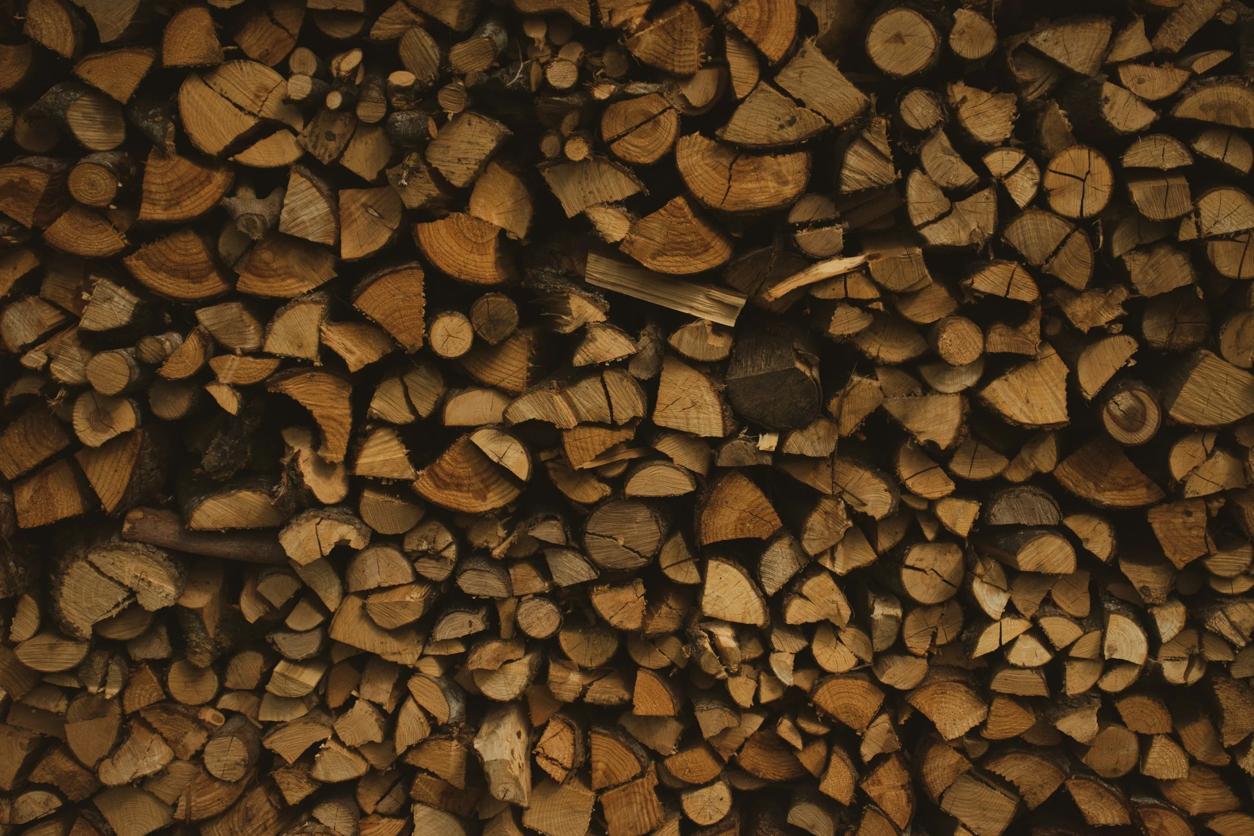 Stacked olive wood firewood used for live-fire pizza ovens