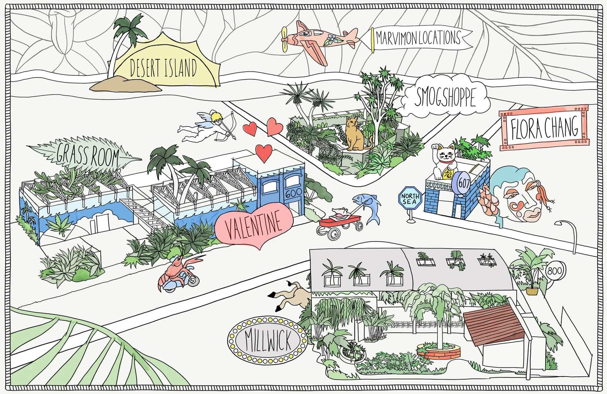 Marvin Productions locations Millwick, Grass Room, SmogShoppe, Desert Island, Flora Chang, and Valentine