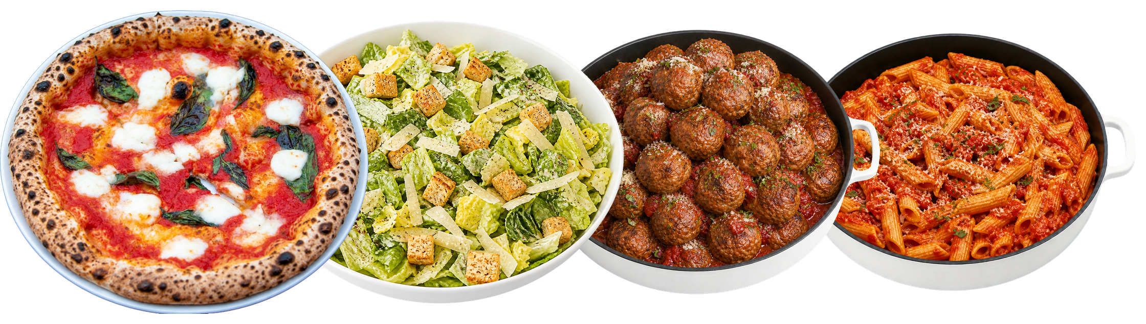 Olive Wood Pizza Margherita pizza with crushed tomato, fresh mozzarella, and basil leaves on a white plate.  Caesar Salad of romaine, parmesan and croutons in a large white bowl, cast iron pans of fire-roasted meatballs and Penne Marinara.