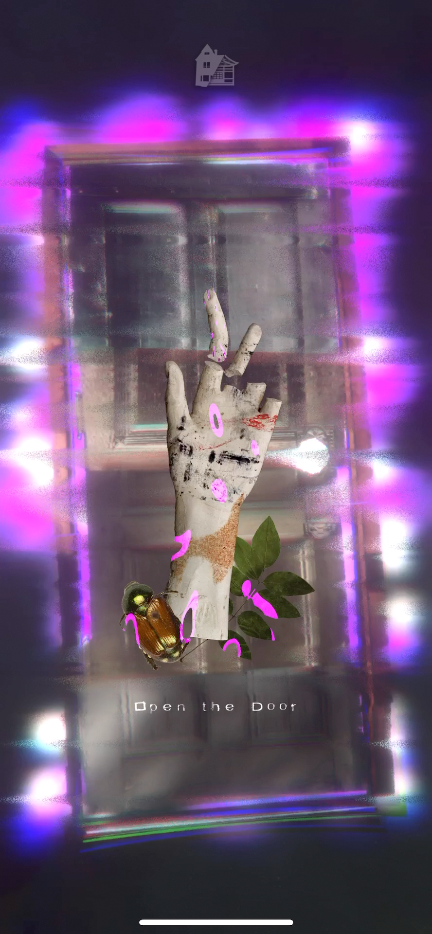 A digitally manipulated image of a hand with pink markings, a leaf, a beetle, and the words 'Open the Door' on a transparent surface with purple and pink light effects.
