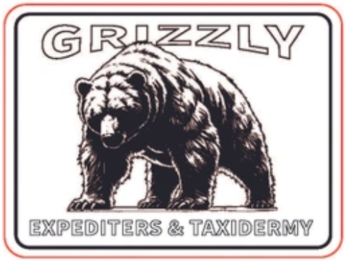 A logo for Grizzly Expediters & Taxidermy featuring a detailed drawing of a grizzly bear with the company's name at the top and the business type at the bottom.