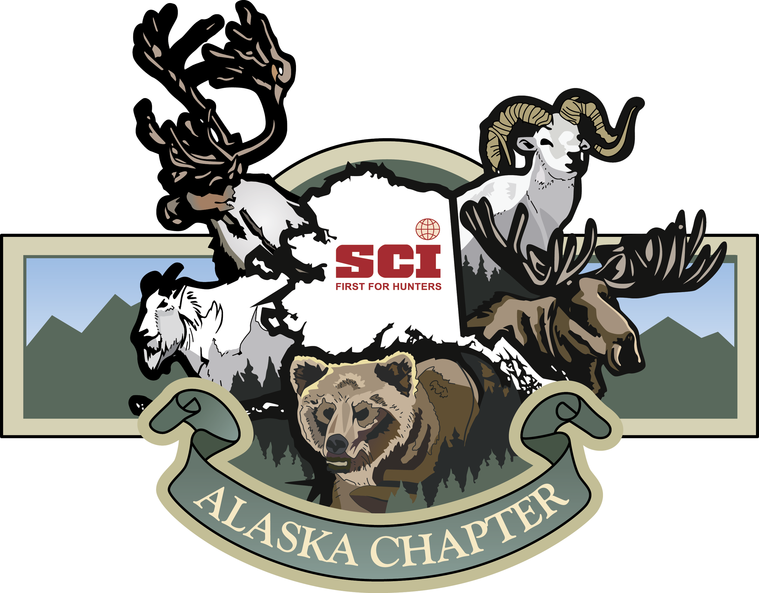 Logo for the Alaska Chapter of SCI featuring illustrations of a mountain goat, a ram, a bear, and a moose, with the SCI and Alaska Chapter text.