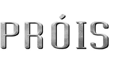 Close-up of the word 'PRÔIS' in gray letters with shadows on a black background.