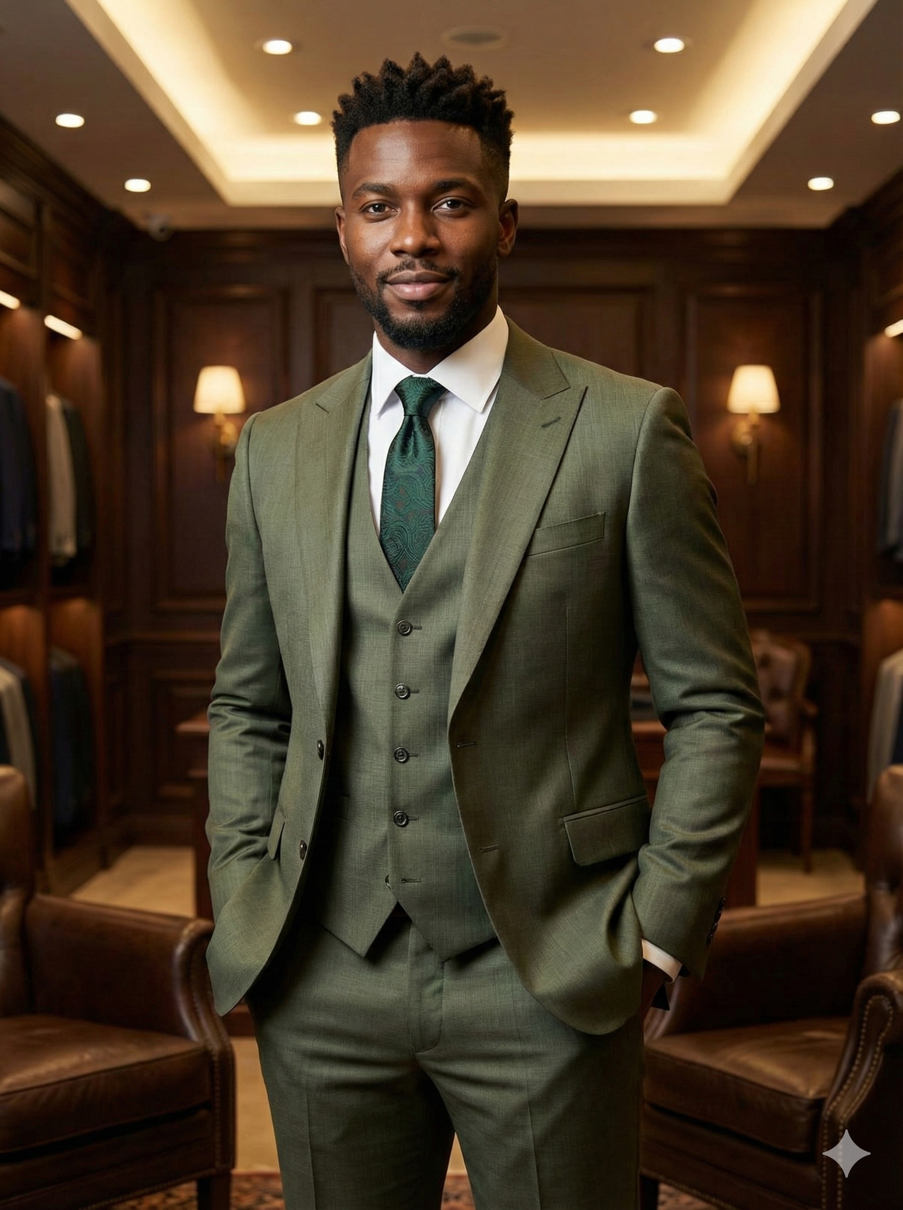A man wearing a green suit, white shirt, and green tie standing in a wood-paneled room with leather chairs and warm lighting.
