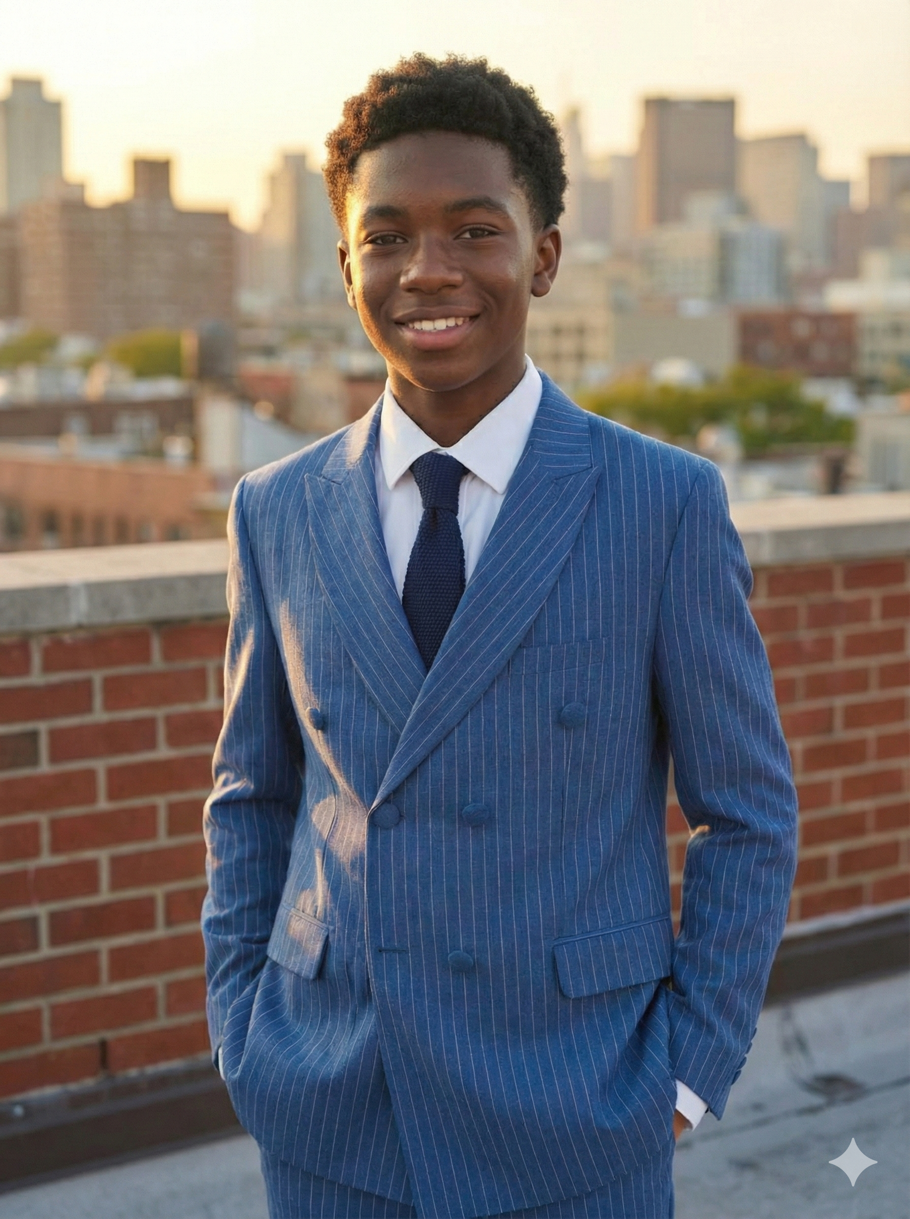 Young man in a blue pinstripe suit, white shirt, and dark tie standing on a rooftop with a city skyline in the background at sunset.