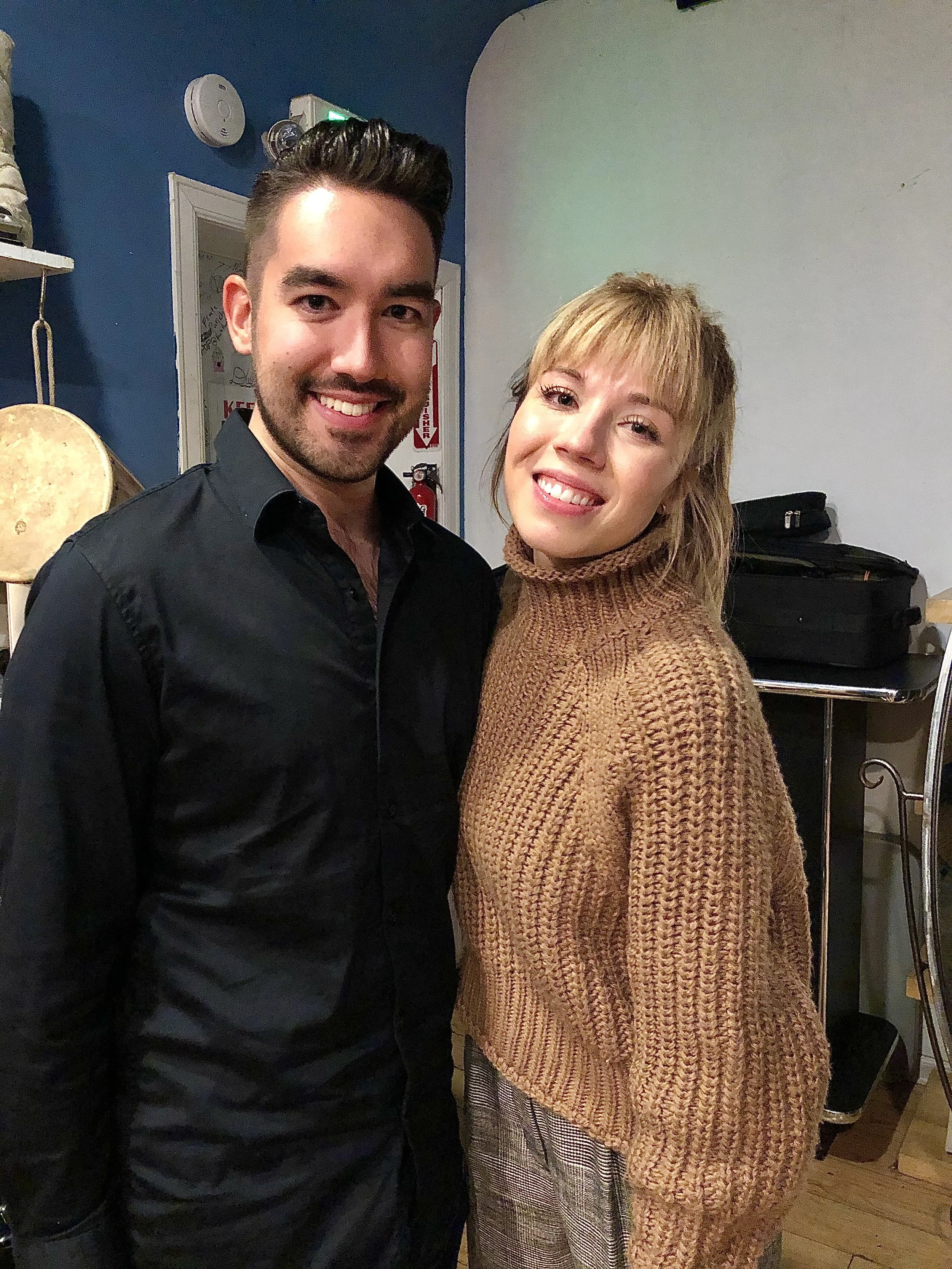 Taylor Hurst appearing with Jennette McCurdy during an audition tape, showcasing professional acting and musical performance experience in a studio setting.