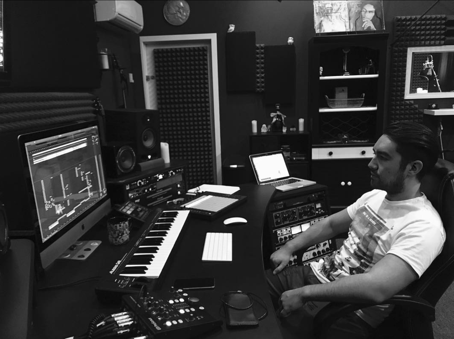 Taylor Hurst in a recording studio working on his EP Redline (available on Spotify), demonstrating professional vocal performance, music production expertise, and commercial music talent for recording and performance opportunities.