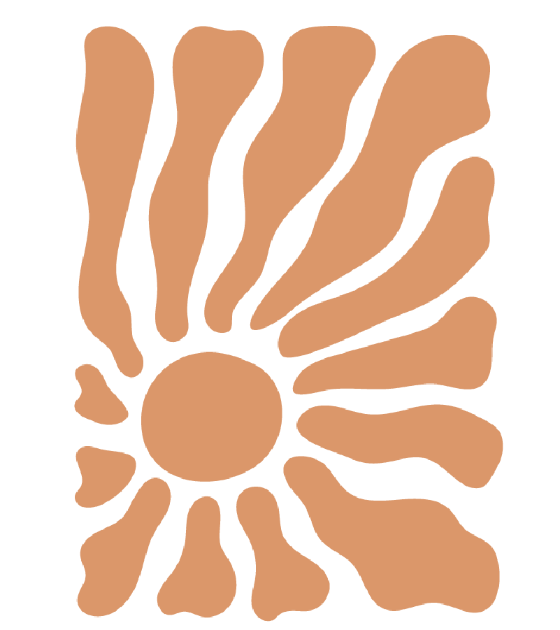 A stylized illustration of a sun with rays extending outward, in tan color on a black background.