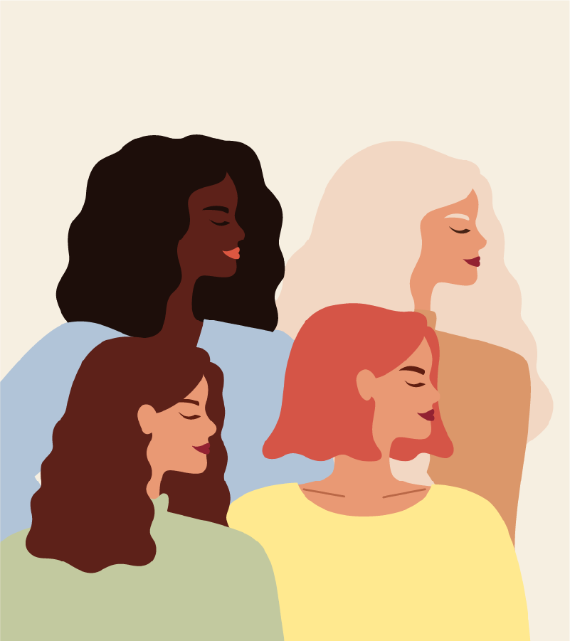 Illustration of four women with different hair colors and styles, all with eyes closed and calm expressions.