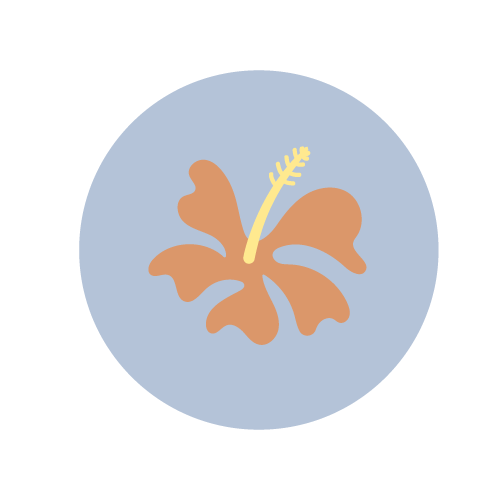 A simplified illustration of a tropical flower with orange petals and a yellow stamen on a light blue circular background.