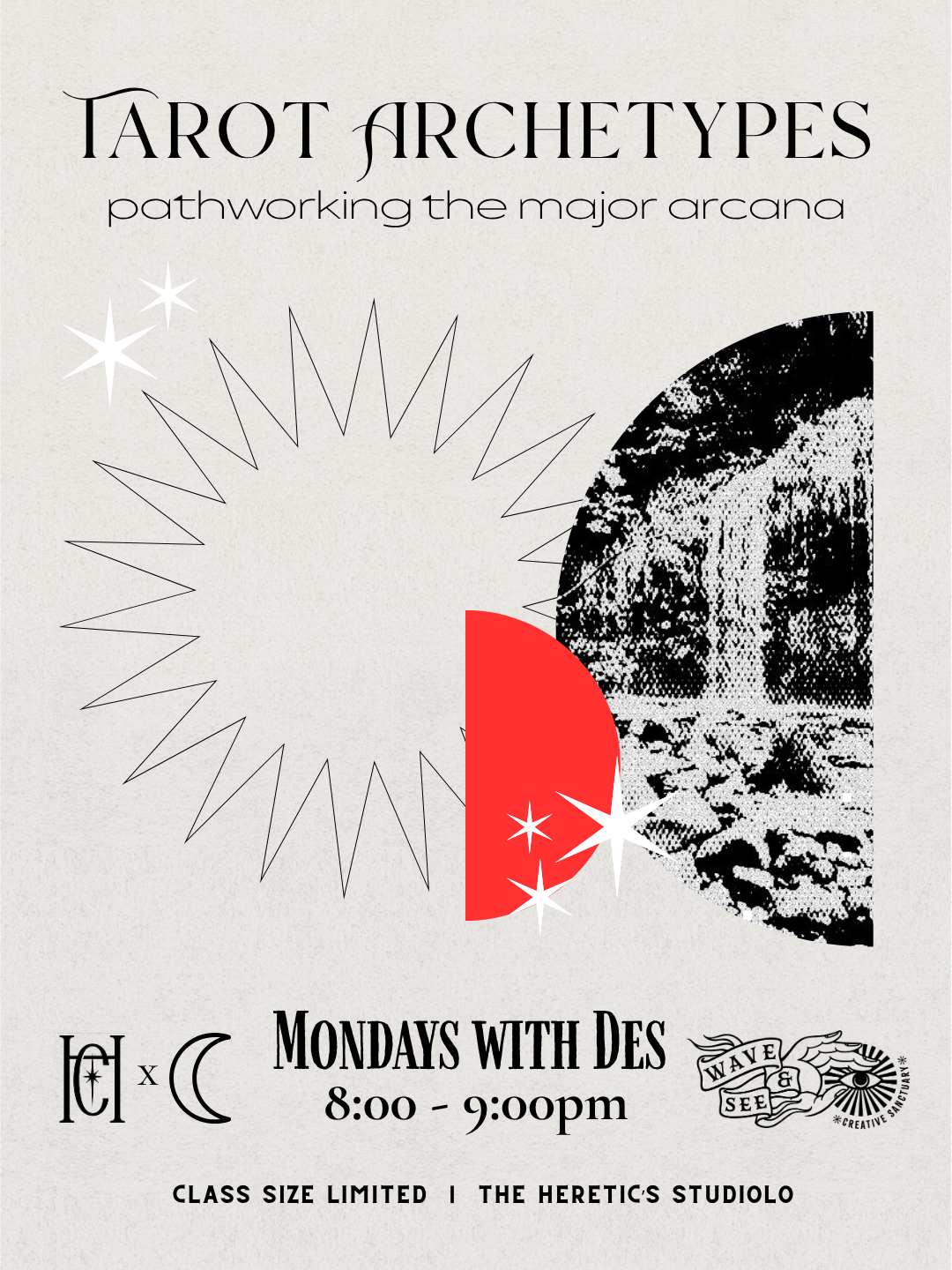Event poster for 'Tarot Archetypes' workshop featuring a black and white moon image, red semicircle, starburst, and decorative text, scheduled for Mondays from 8:00 to 9:00 pm at The Heretic's Studiolo.