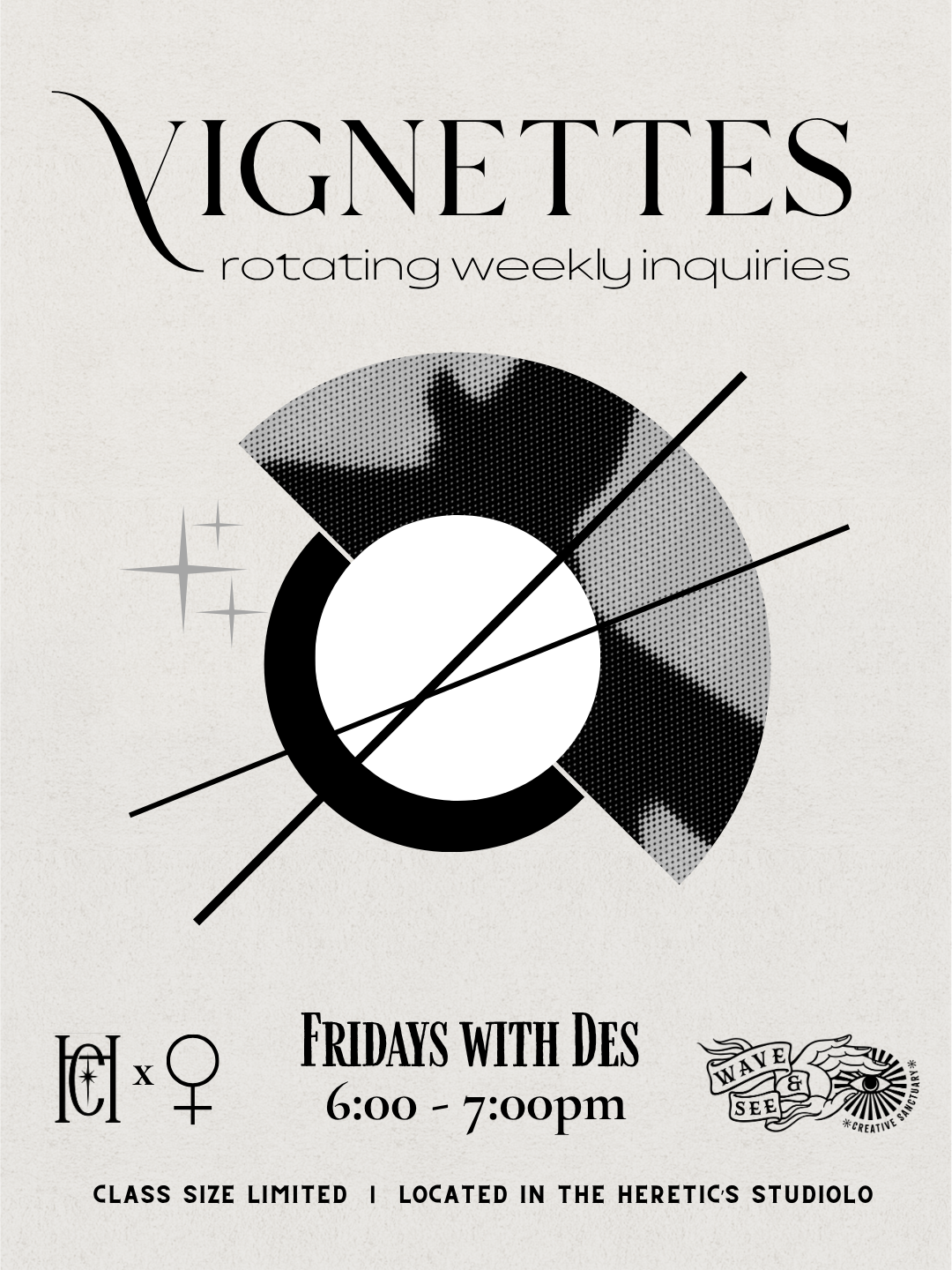 A poster for Vignettes, rotating weekly inquiries event, featuring geometric and graphic designs, information about the event, and symbols for date, time, and location.