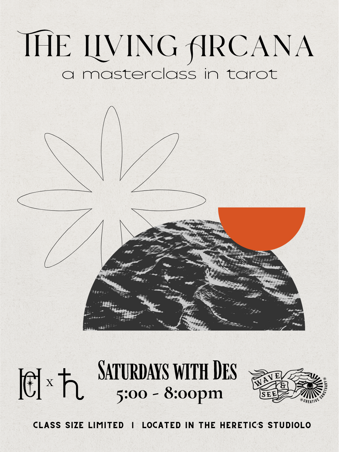 Poster promoting The Living Arcana tarot masterclass featuring abstract design elements including a stylized flower, a semi-circle, and a textured hill with event details and logos.
