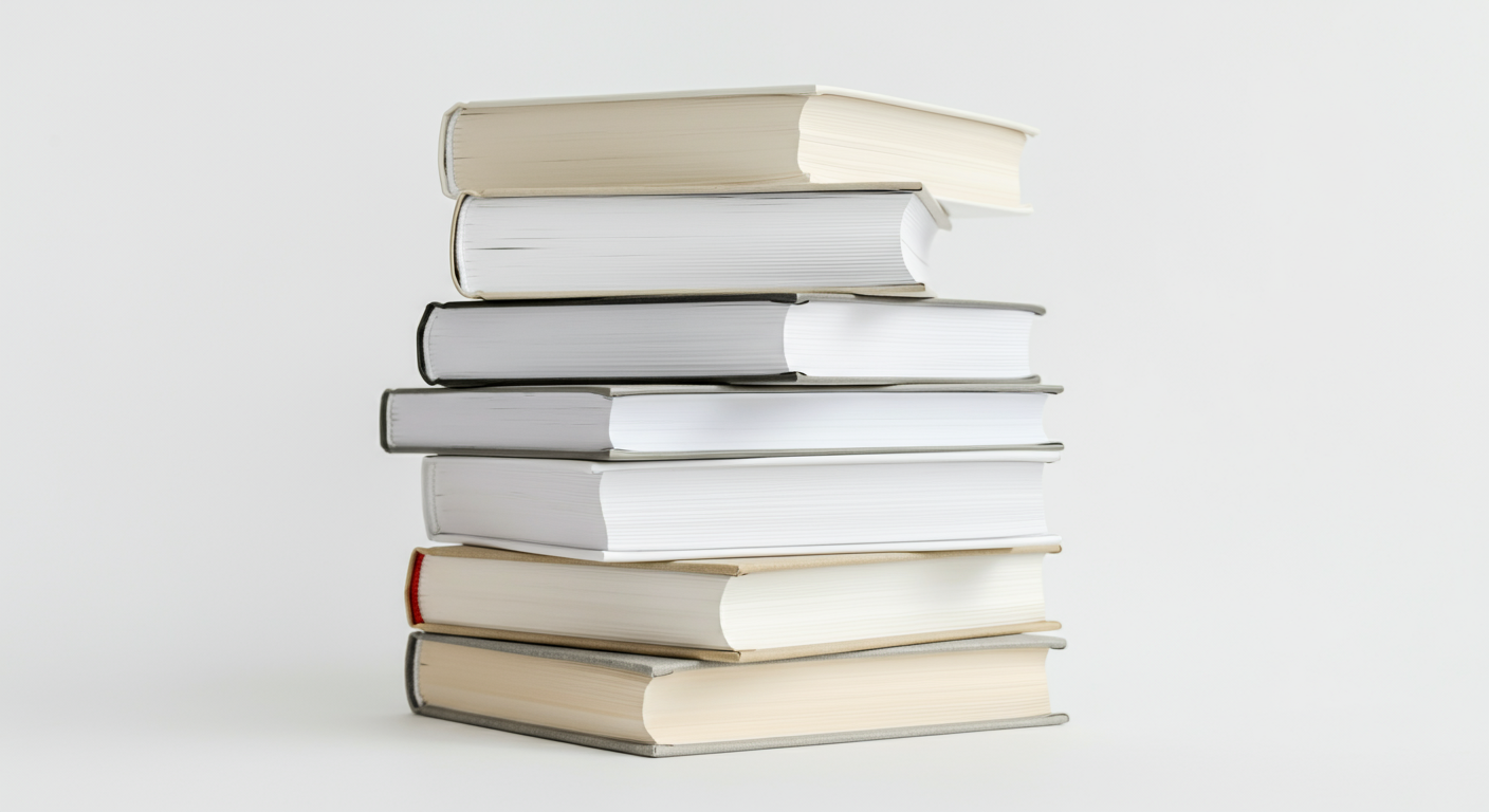 Stack of seven hardcover books with white, cream, and black covers, placed on a white surface against a plain white background.