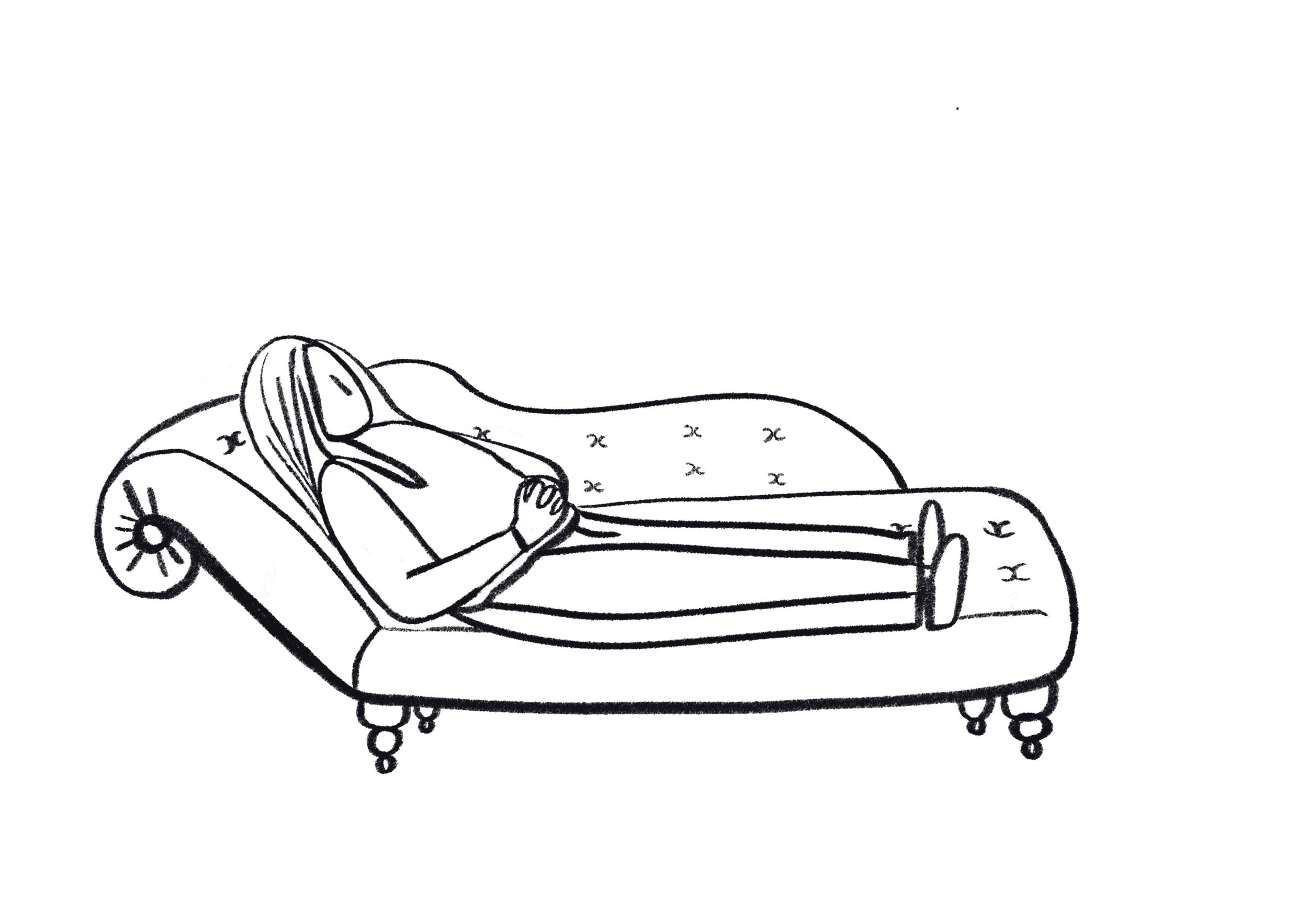 drawing of a woman lying on a chez lounge with a cross next to it to show it isn't therapy.