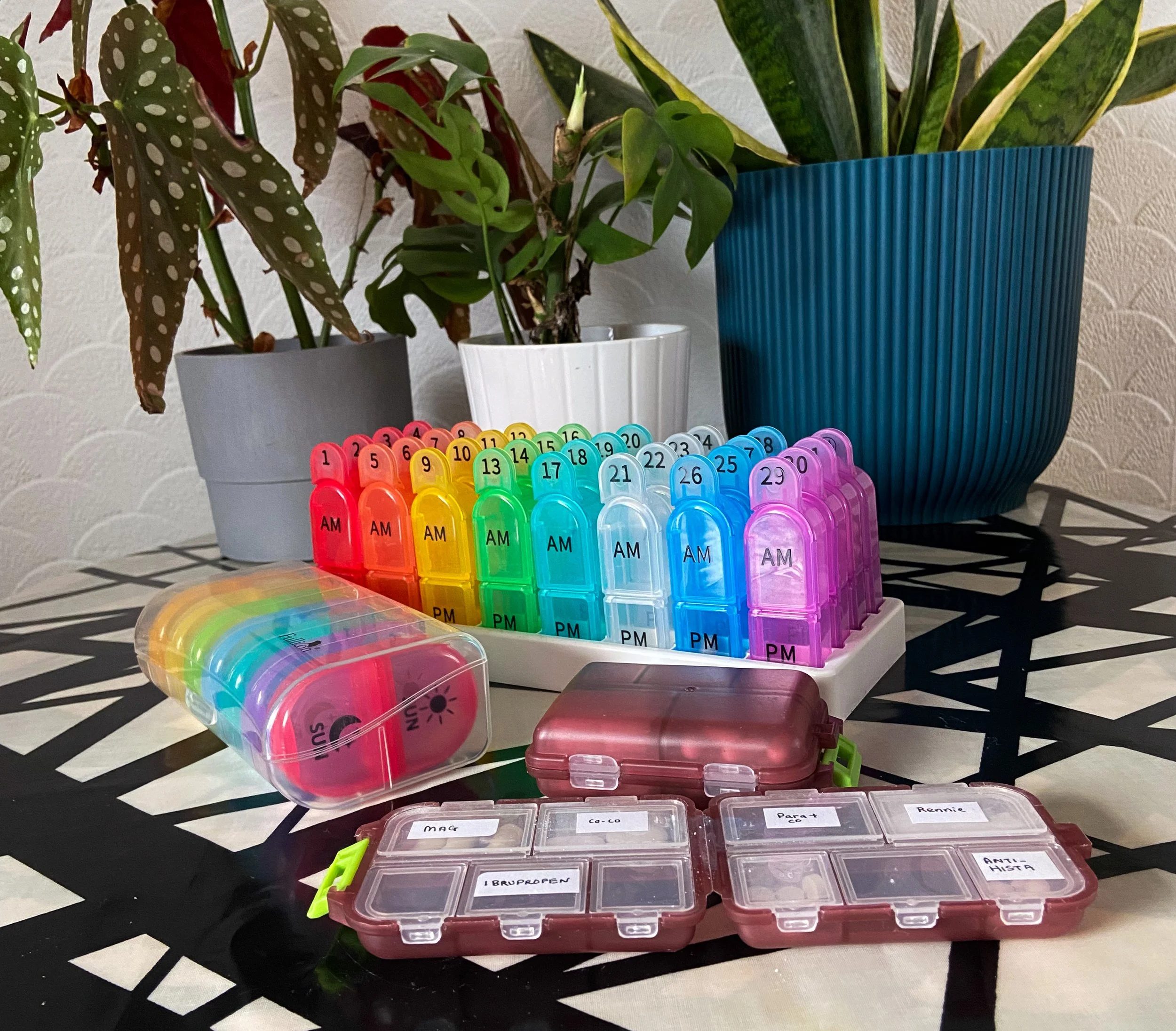 Various types of refillable pill boxes on a table with plants behind. For adhd medication organisation organization