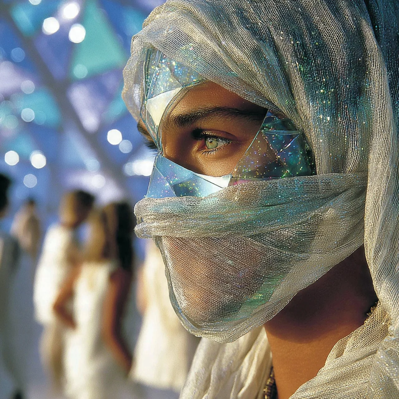 Nahaufnahme eines Mannes mit indischer Hautfarbe, der einen schimmernden, silbernen Schleier und eine holographische Maskierung trägt, bei einer kulturellen Veranstaltung.