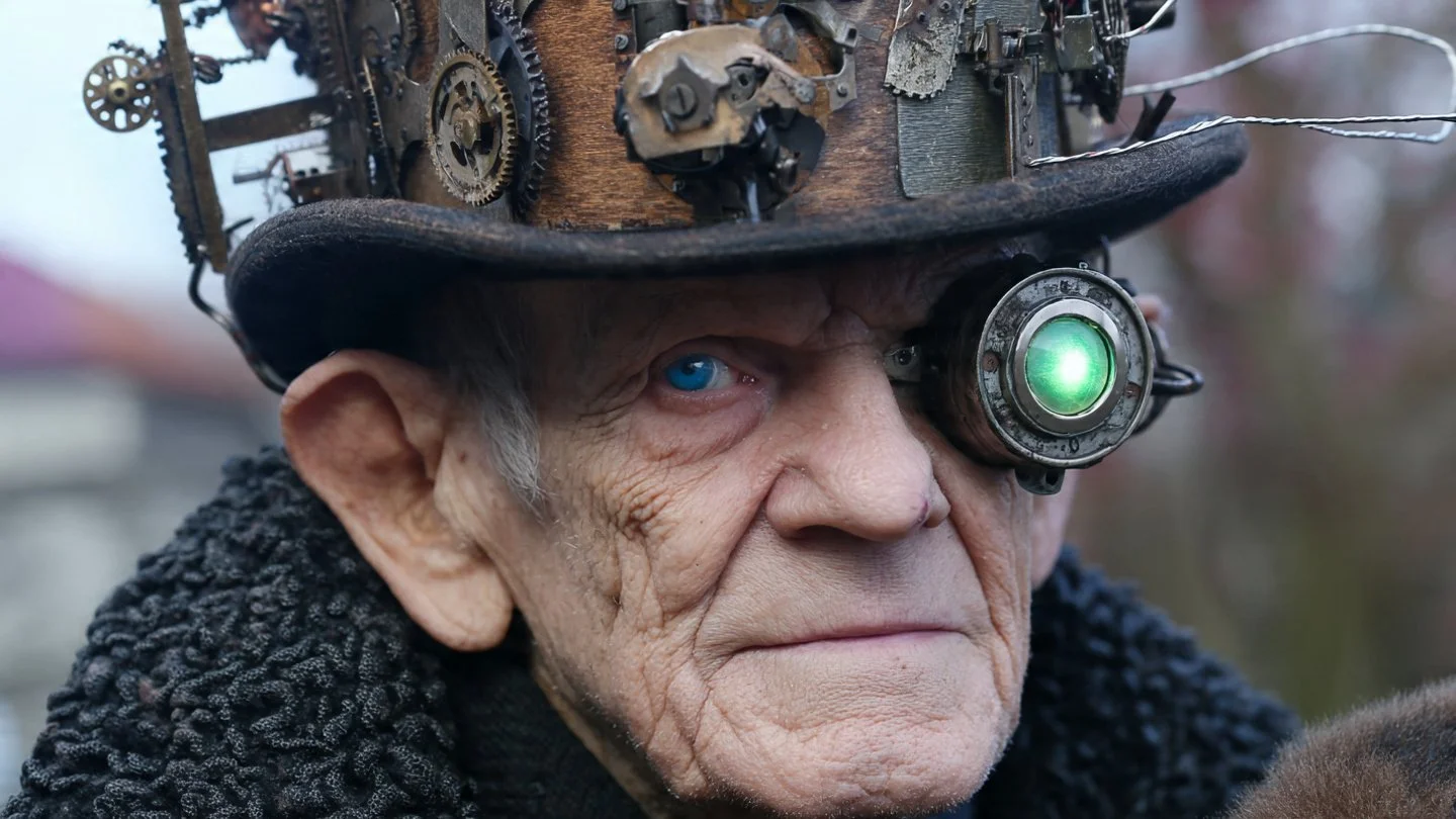 Ein alter Mann trägt einen Steampunk-ähnlichen Hut mit Metallzahnrädern und mechanischen Komponenten, wobei eine der Mechanik mit einer grünen Lampe und einer Kamera oder einem Optikgerät oben am Kopf befestigt ist.