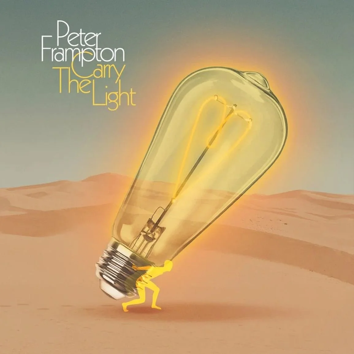 Albumcover für Peter Frampton The Light, mit einer großen Glühbirne, die von einem kleinen gelben Mensch getragen wird, in einer Wüstenlandschaft bei Sonnenaufgang oder -untergang.
