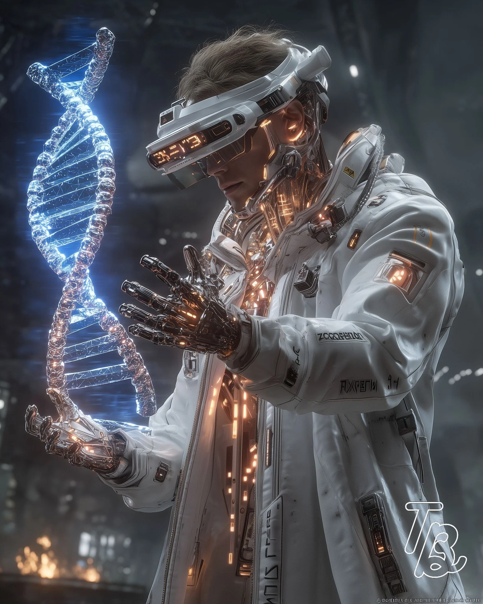 Ein humanoider Roboter in einem weißen Raumanzug hält eine holographische Darstellung einer DNA-Doppelhelix in der Hand.