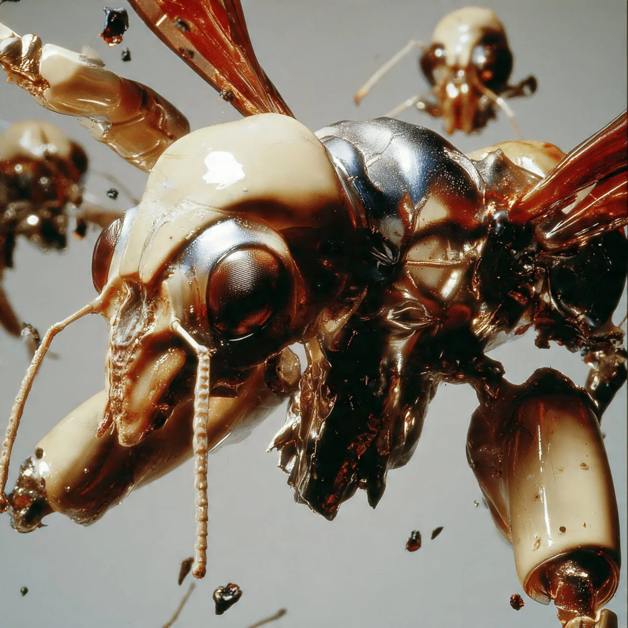 Nahaufnahme eines toten Insekts mit großen Augen, flachen Beinen und brauner bis cremefarbener Körperhülle.