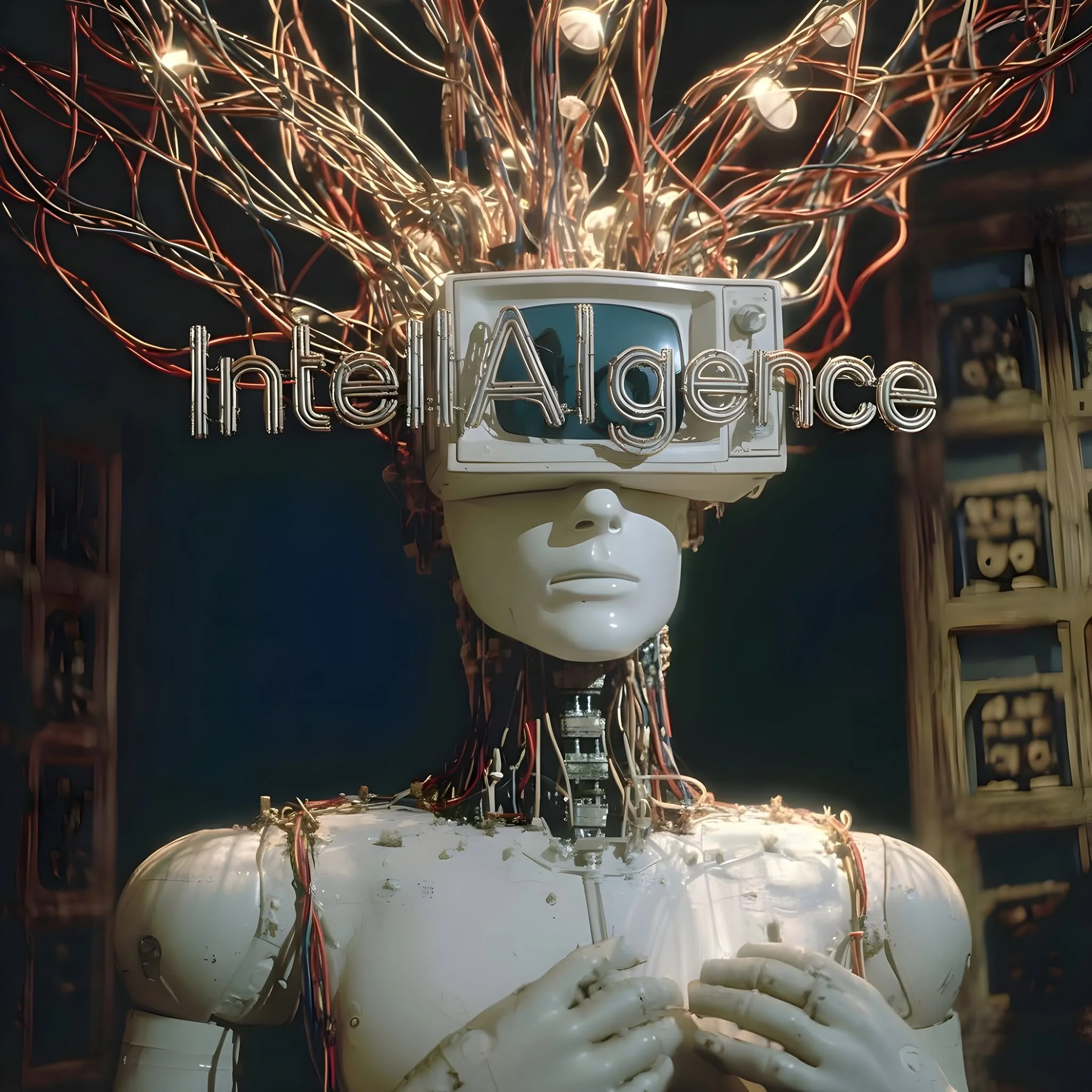 Eine humanoide Roboter-Figur mit einem menschlichen Gesicht und einem Kopf, der von einem komplexen Netzwerk aus Drähten umgeben ist. Der Roboter trägt eine Brille, die den Schriftzug 'Intelligence' zeigt.