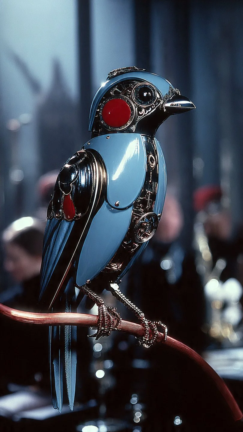 Kunstvolle Skulptur eines Vogels, bestehend aus metallischen und lackierten Teilen, sitzt auf einem Rohr, mit rot lackierten Ohren und Lautsprechern im Kopf.