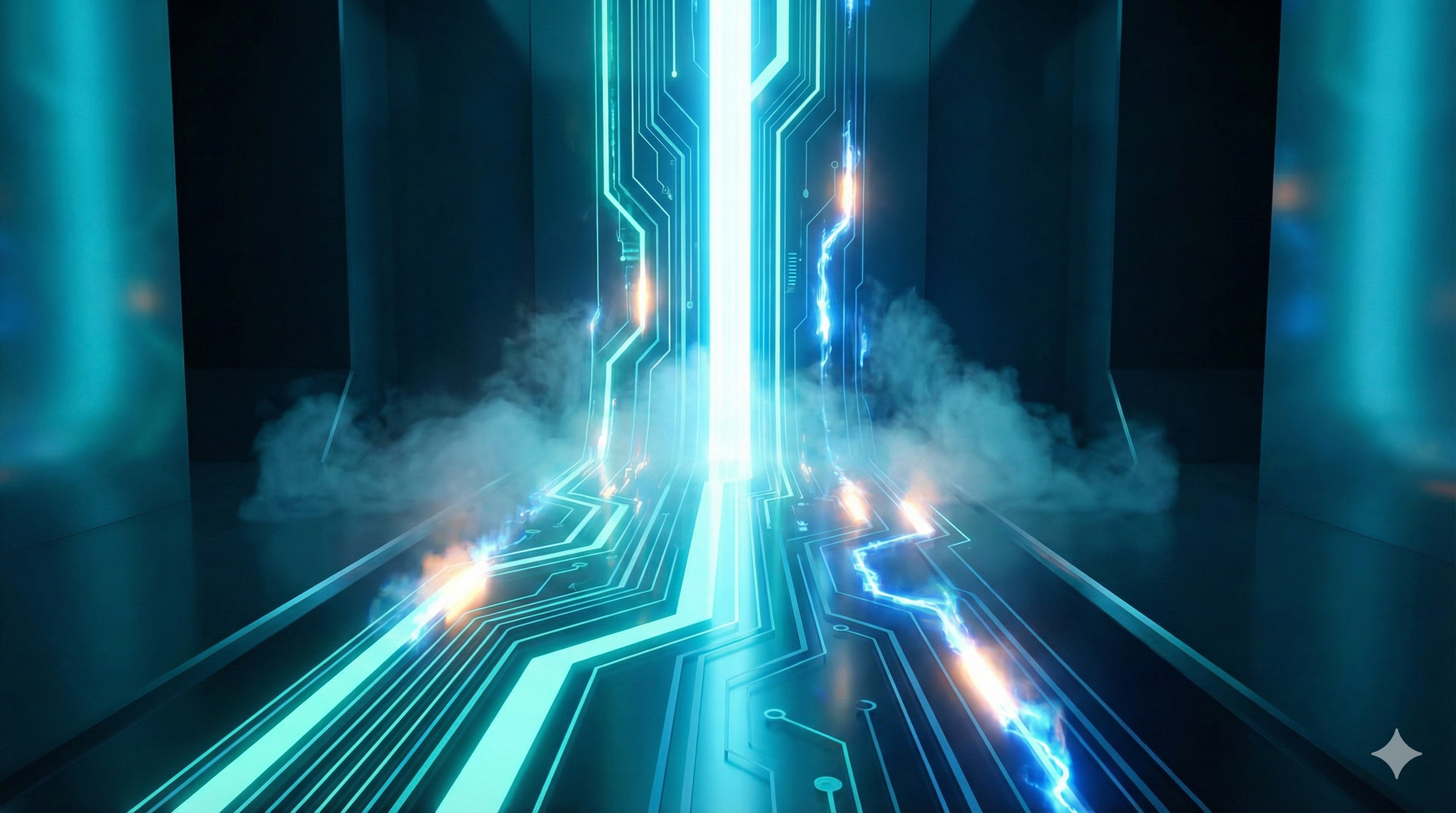 Eine futuristische digitale Tür mit blauen Lichtern, die einen Durchgang öffnet, umgeben von einer technologischen Umgebung mit Stromblitzen und Rauch.