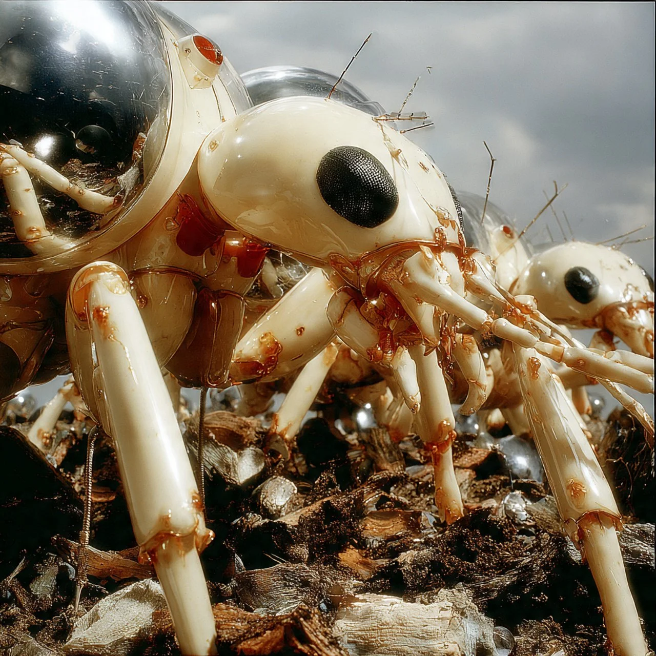 Makroaufnahme von mehreren künstlichen Insekten, die auf einer dunklen Oberfläche liegen, mit Fokus auf den großen, weißen Köpfen, schwarzen Augen und langen Beinen.