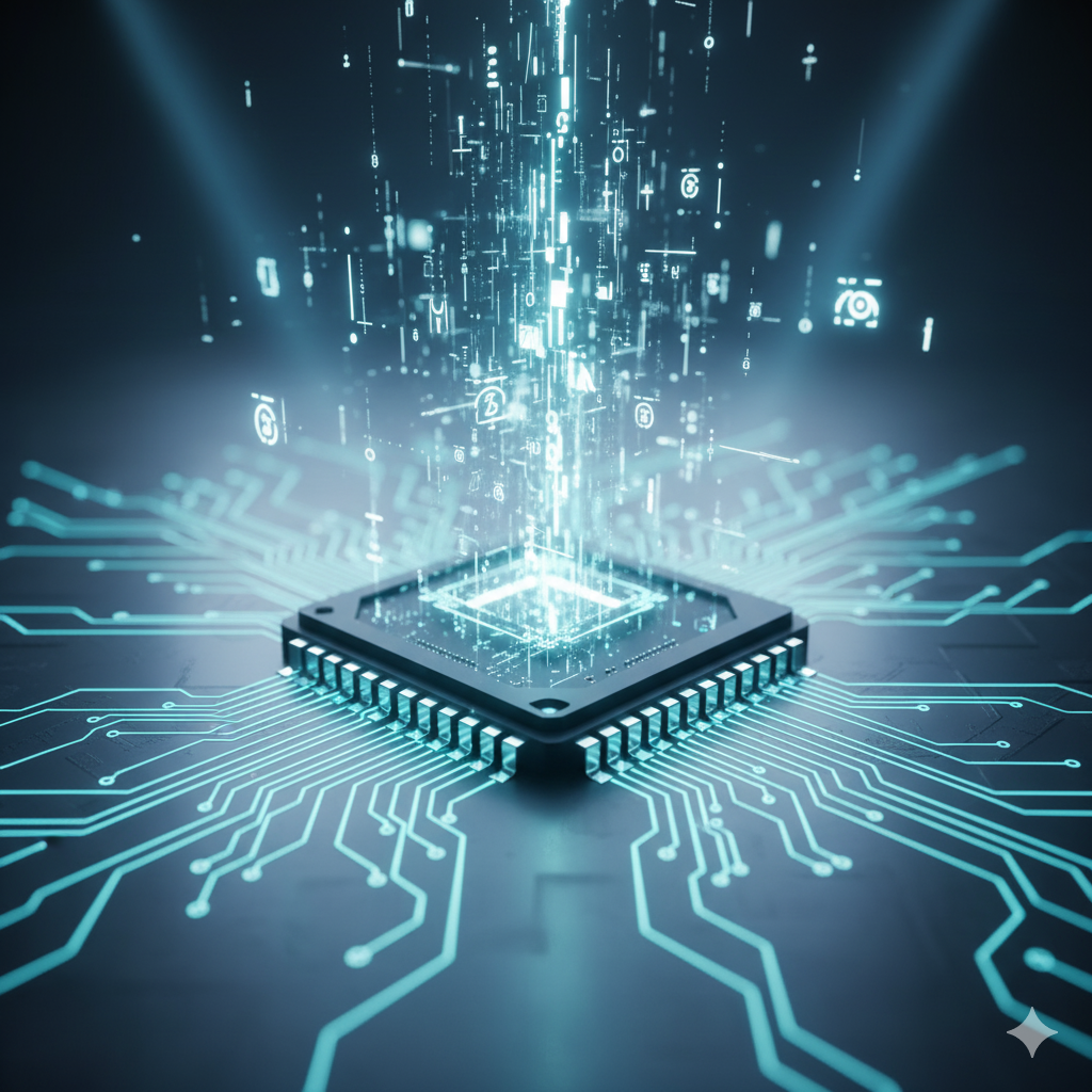 Ein moderner Prozessor auf einer Leiterplatte mit leuchtenden digitalen Daten und Symbolen, die aus dem Chip emporsteigen.