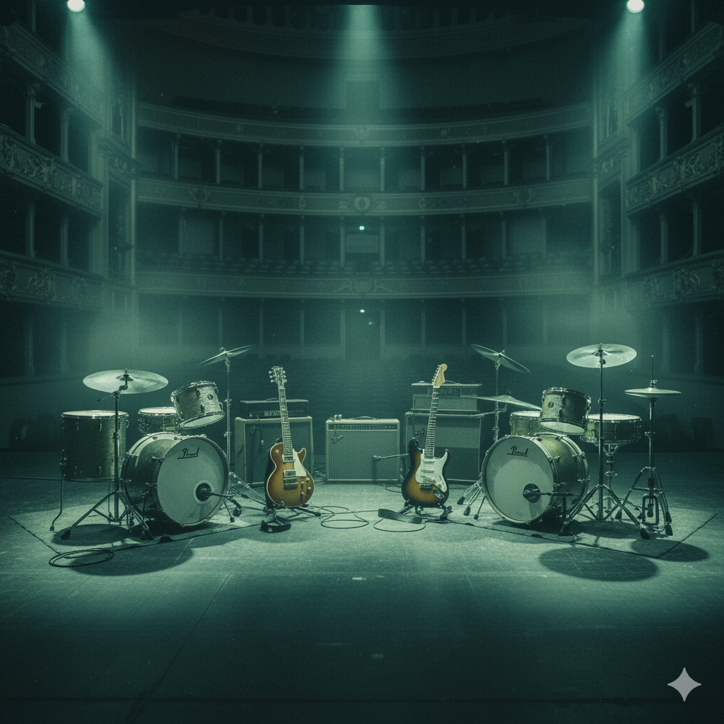 Musikset: Schlagzeug, E-Gitarren, Verstärker, Mikrofon, auf einer Bühnen in einem leeren Theater