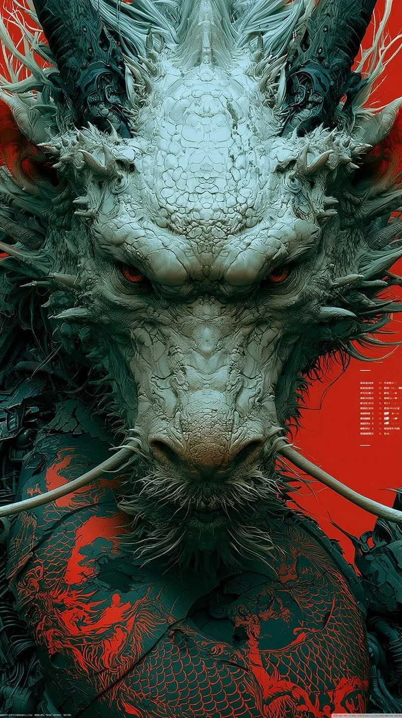 Kunstvolle Darstellung eines mythologischen Drachen mit detailliertem, schuppenbedecktem Gesicht, roten Augen und feurigen Elementen im Hintergrund in Rot- und Schwarztönen.