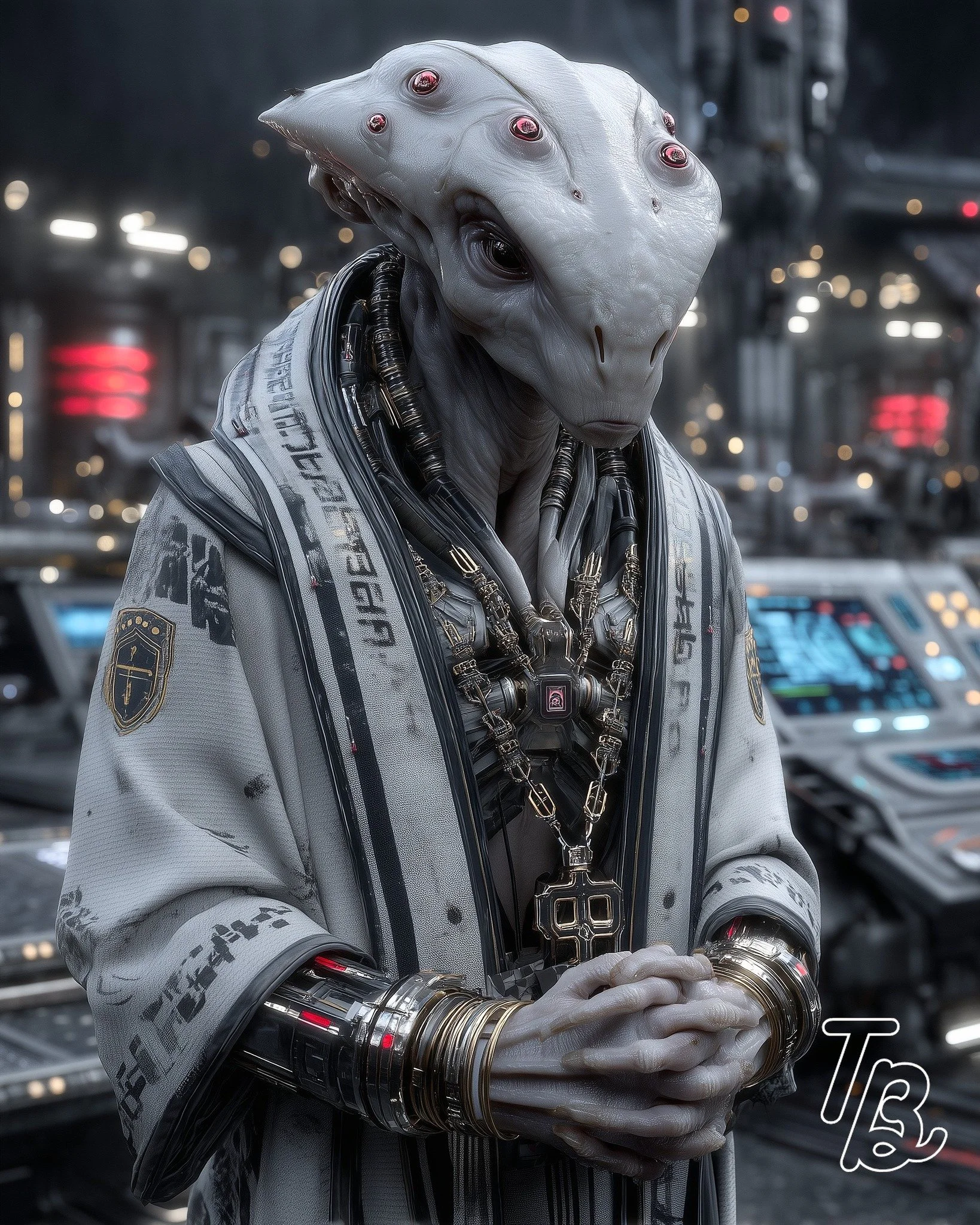 Ein humanoider Außerirdischer mit einer echsenartigen Hautfarbe und mehreren roten Augen auf einem futuristischen Raumfahrzeug oder Kontrollraum mit Technologie. Er trägt ein wissenschaftliches oder militärisches Outfit mit Schmuck und metallischen A