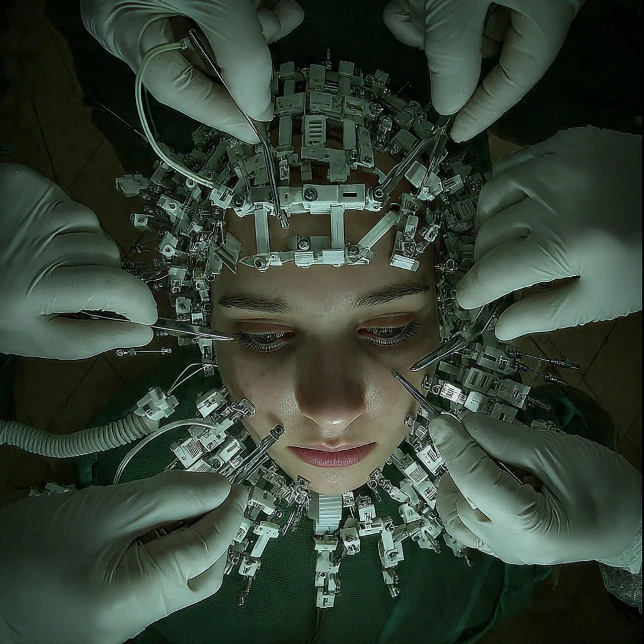 Eine Person liegt mit einem mechanischen Gerät um den Kopf, das aus mehreren Metallteilen besteht. Mehrere Hände in weißen Gummihandschuhen operieren mit feinen Werkzeugen an dem Gerät.