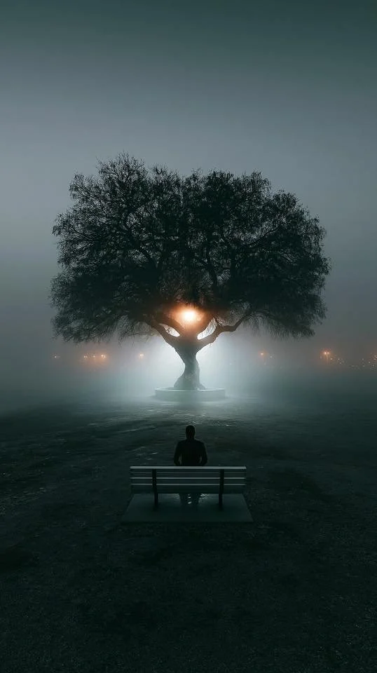 Ein Mensch sitzt auf einer Bank, blickt auf einen Baum bei Nacht, der von einem hellen Licht hinterleuchtet wird, mit Nebel im Hintergrund.