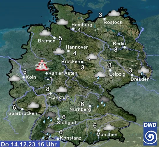 Wetterkarte Deutschlands mit Temperaturen und Wettersymbolen für verschiedene Städte am 14. Dezember 2023 um 16 Uhr, inklusive Schneeflocken, Wolken, Regen und Gewittersymbolen.