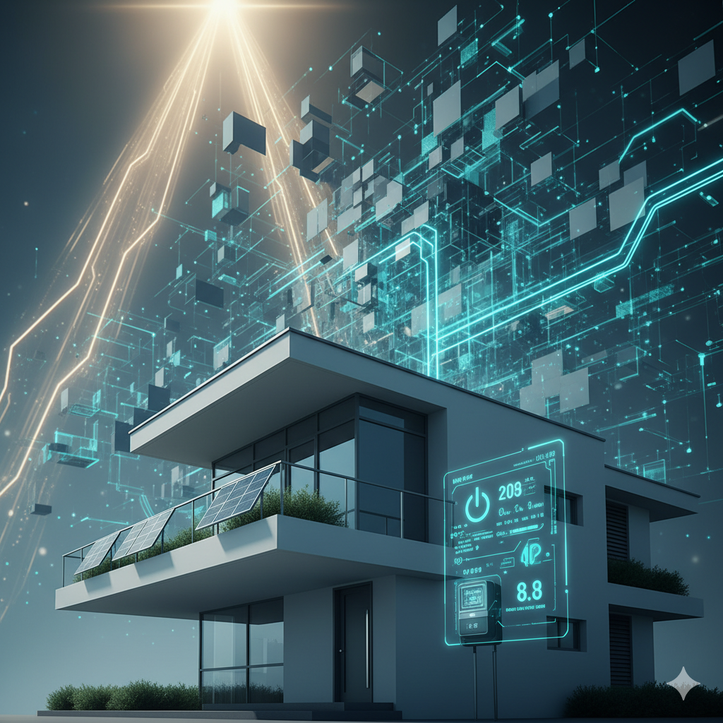 Modernes Haus mit Solarzellen auf dem Balkon, digitale Anzeigen und Netzwerksymbolik im Himmel, die fortschrittliche Technologie und Smart Home Infrastruktur symbolisiert.